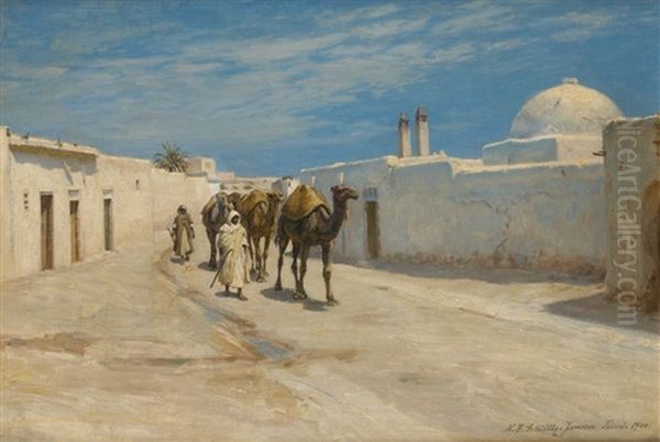 Caravane Traversant Tunis Oil Painting by Niels Frederik Schiottz-Jensen