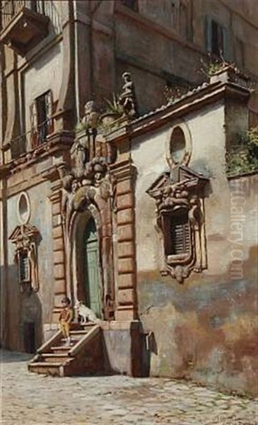 A Boy On A Stone Staircase In Rome's Streets Oil Painting by Niels Frederik Schiottz-Jensen