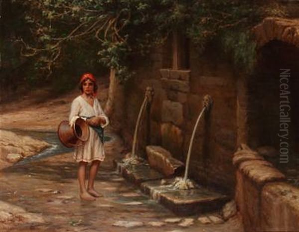 An Italian Woman Collecting Water From A Fountain Oil Painting by Niels Frederik Schiottz-Jensen