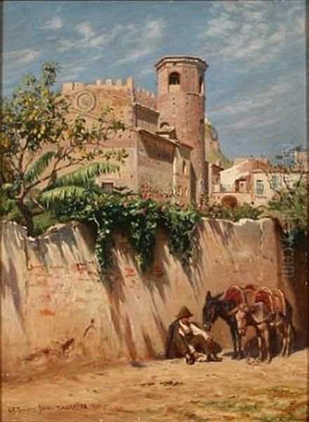 Street Scene From Taormina, Sicily, With A Farmer Eating Lunch Oil Painting by Niels Frederik Schiottz-Jensen