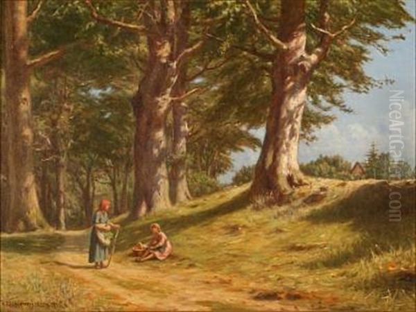 Two Women On A Forest Road Oil Painting by Niels Frederik Schiottz-Jensen