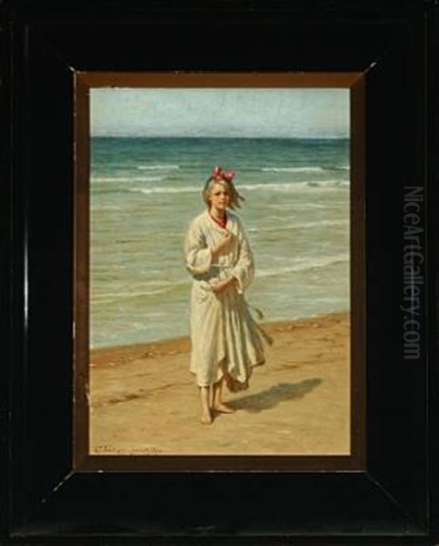 Lonstrup Beach With Blond Girl In White Robe Oil Painting by Niels Frederik Schiottz-Jensen