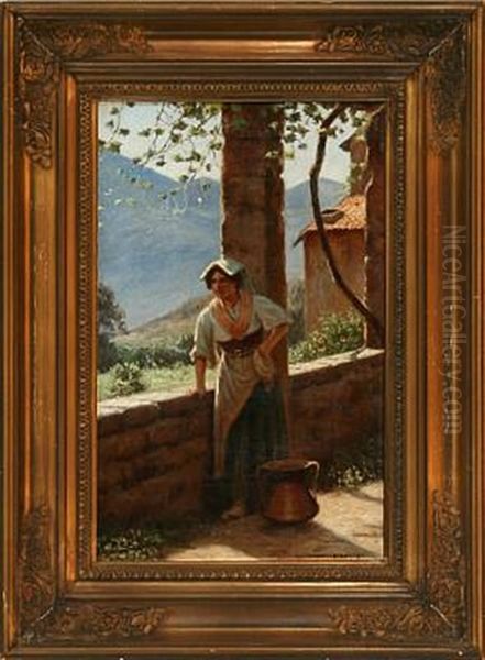 An Italian Woman In A Pergola Oil Painting by Niels Frederik Schiottz-Jensen