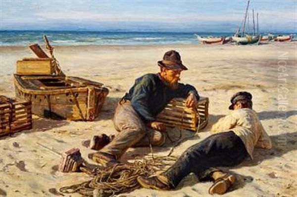 Fishermen Resting On The Beach Oil Painting by Niels Frederik Schiottz-Jensen