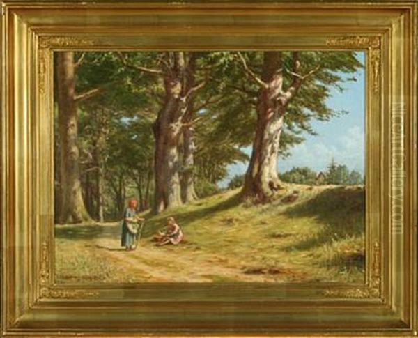 Two Women In A Forest Oil Painting by Niels Frederik Schiottz-Jensen