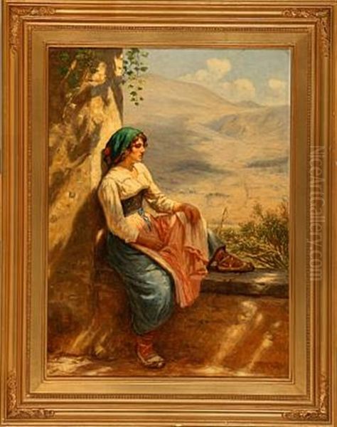 Young Italian Woman Overlooking A Landscape Oil Painting by Niels Frederik Schiottz-Jensen