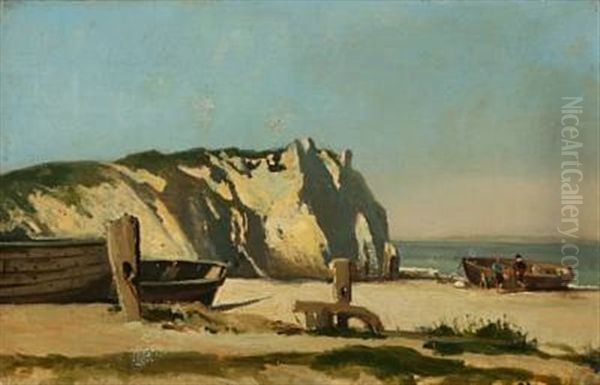 Coastal Scenery With Boats On The Beach Oil Painting by Niels Frederik Schiottz-Jensen