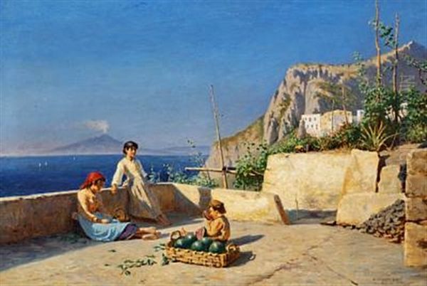 View Of Capri With Children Eating Fruit On A Terrace. In The Distance Mount Vesuvius Oil Painting by Niels Frederik Schiottz-Jensen