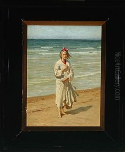 Lonstrup Beach With Blond Girl In White Robe Oil Painting by Niels Frederik Schiottz-Jensen