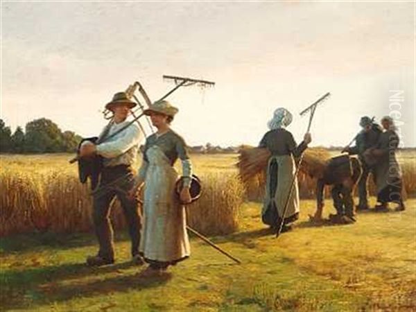 Hostfolk, Der Gaa Hjem Om Aftenen Oil Painting by Niels Frederik Schiottz-Jensen