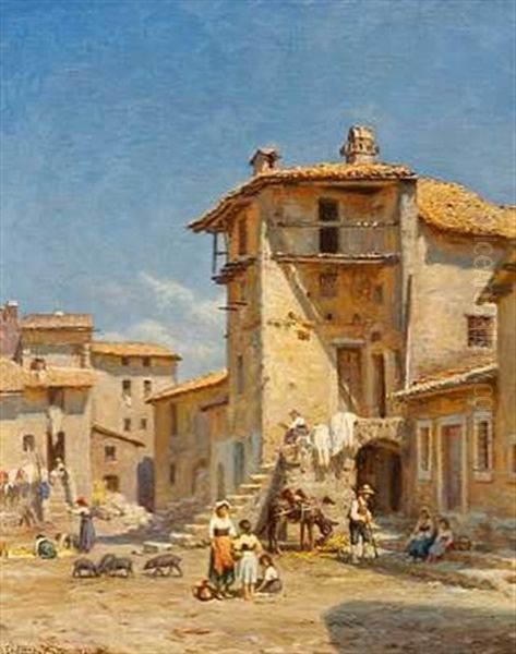 Torv I Anticoli I Sabinerbjergene Oil Painting by Niels Frederik Schiottz-Jensen