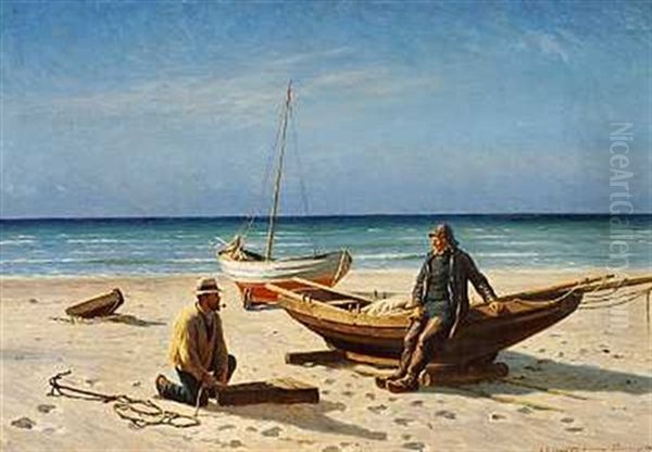 Strandparti Fra Lonstrup Med Fiskere Ved Deres Bade Oil Painting by Niels Frederik Schiottz-Jensen