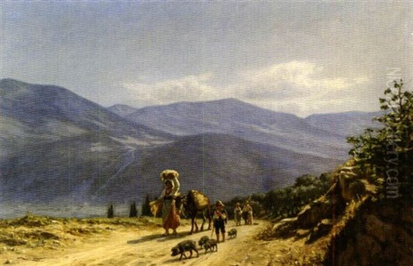 Travelers On A Mountain Road Oil Painting by Niels Frederik Schiottz-Jensen