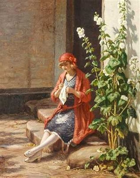 Ung Pige Pa En Stentrappe Oil Painting by Niels Frederik Schiottz-Jensen