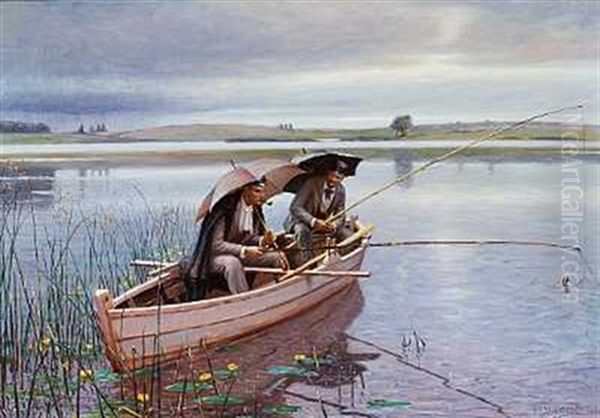 Pa Fisketur I Regnvejr Oil Painting by Niels Frederik Schiottz-Jensen