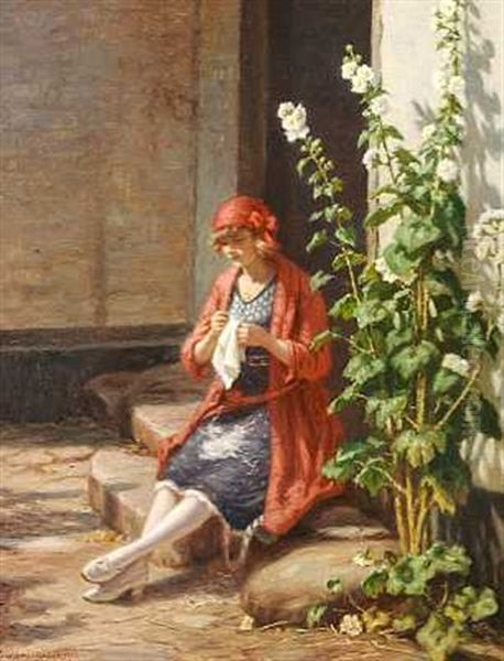 Ung Pige Pa En Stentrappe Oil Painting by Niels Frederik Schiottz-Jensen