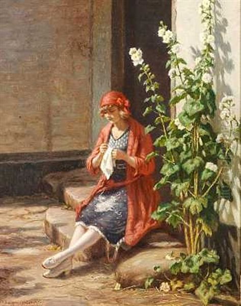 Ung Pige Pa En Stentrappe Oil Painting by Niels Frederik Schiottz-Jensen