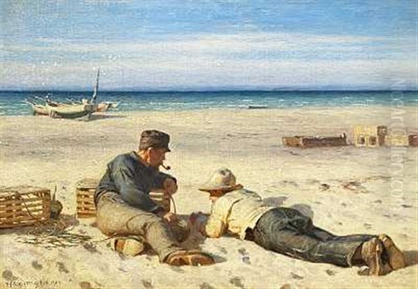 To Fiskere Pa Stranden Oil Painting by Niels Frederik Schiottz-Jensen