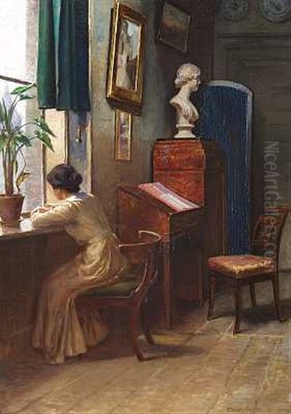 Interior Med Siddende Kvinde, Der Kigger Ud Af Et Vindue Oil Painting by Niels Frederik Schiottz-Jensen