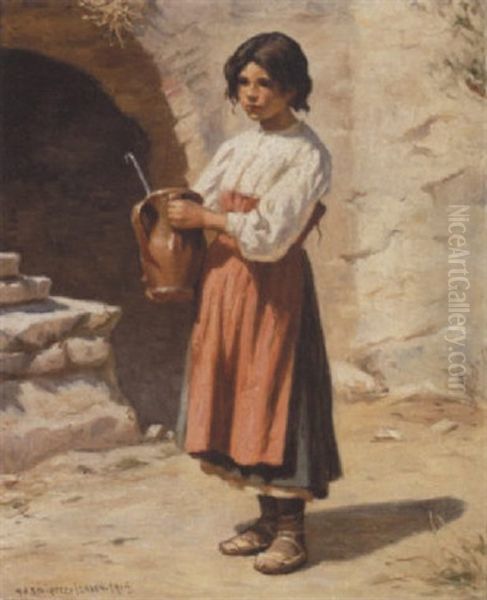 Italienrinde Med Krukke Ved En Fontaene Oil Painting by Niels Frederik Schiottz-Jensen