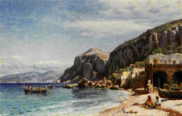 Parti Af Marina Grande Pa Capri Med En Fiskerbad Ud Fro Kysten Oil Painting by Niels Frederik Schiottz-Jensen