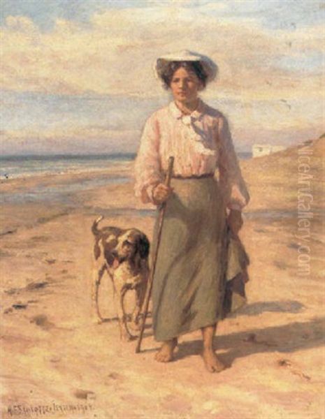 Sommerdag Pa Stranden Med Ung Pige, Der Gar Tur Med Sin Hund Oil Painting by Niels Frederik Schiottz-Jensen