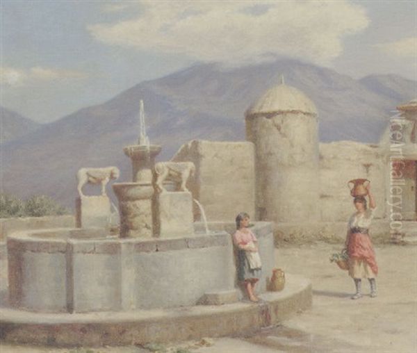 Italienske Piger Ved Landsbyens Fontaene Oil Painting by Niels Frederik Schiottz-Jensen