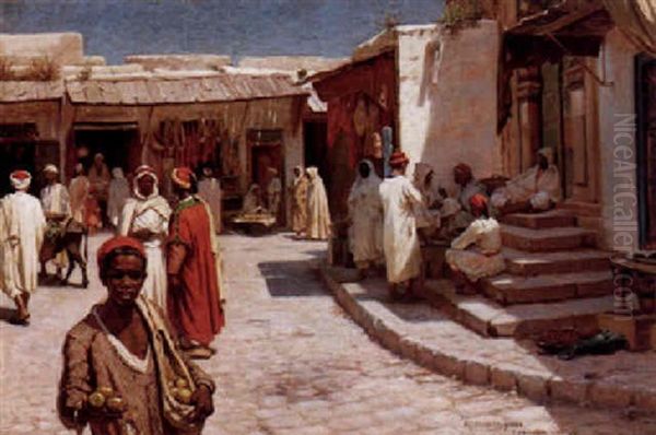 Marknad I Tunis Med Folkliv Oil Painting by Niels Frederik Schiottz-Jensen