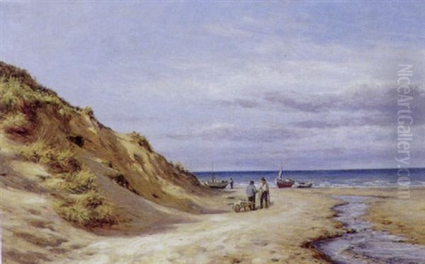 Fiskere Ved Deres Bade Pa Stranden Oil Painting by Niels Frederik Schiottz-Jensen