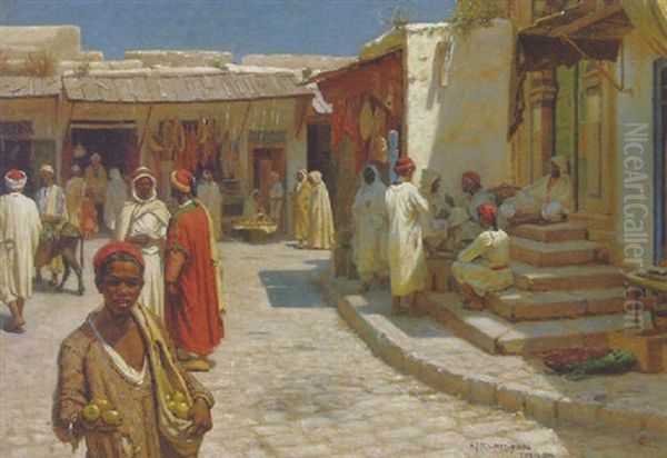 Traders In The Souk, Tunis Oil Painting by Niels Frederik Schiottz-Jensen