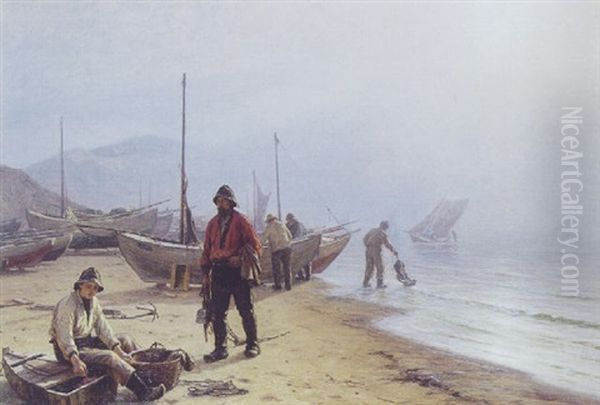 Havgus, Fiskerne Gar I Land. Lonstrup Oil Painting by Niels Frederik Schiottz-Jensen