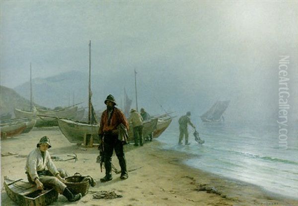 Bringing Home The Catch Oil Painting by Niels Frederik Schiottz-Jensen