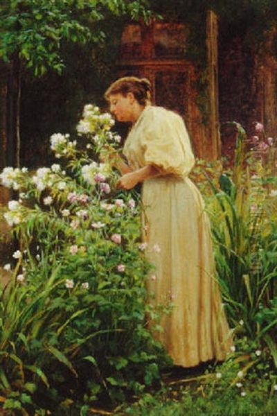 A Young Beauty Gathering Flowers In A Garden Oil Painting by Niels Frederik Schiottz-Jensen