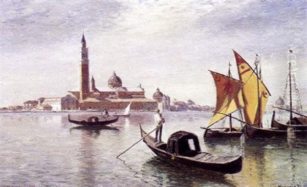 Fra Venedig Med Gondoler I Forgrunden Oil Painting by Niels Frederik Schiottz-Jensen