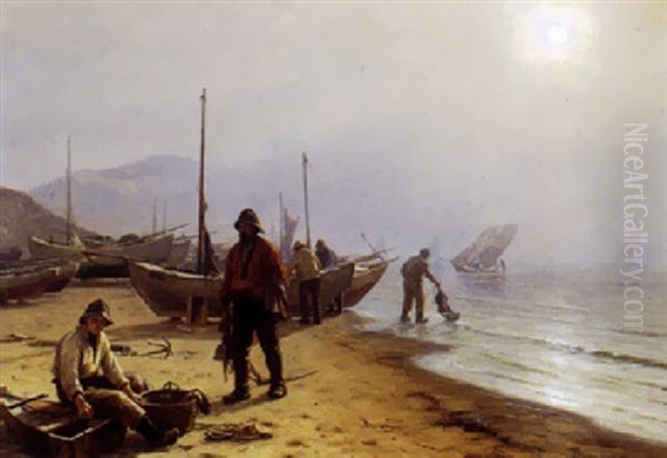 Kystparti Med Optrukne Bade, I Forgrunden Fiskere Der Ordner Fangsten Oil Painting by Niels Frederik Schiottz-Jensen