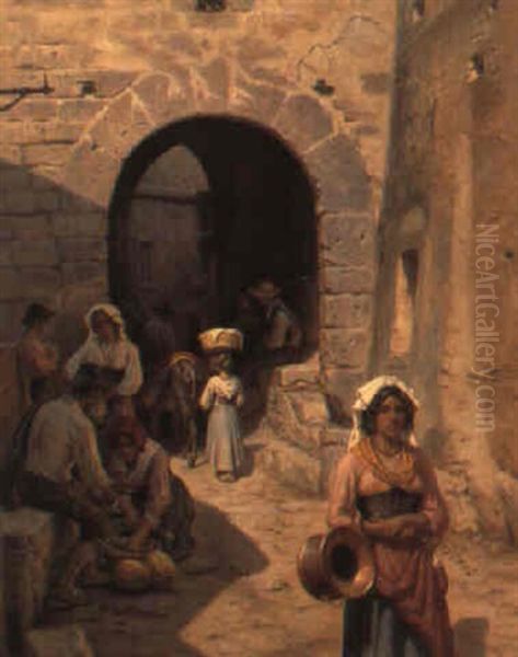 Gadeliv I Anticoli Corrado. Sabinerbjergene Oil Painting by Niels Frederik Schiottz-Jensen