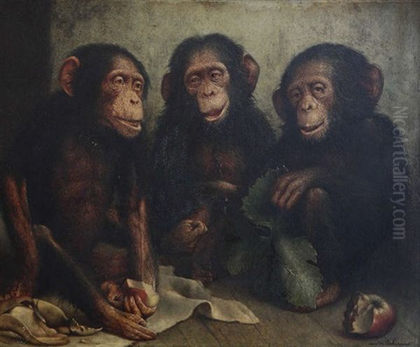 Trois Singes Avec Pommes Et Feuille De Chou Oil Painting by Joseph Schippers