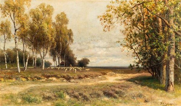 Shepherd With His Flock Near A Sheep Pen Oil Painting by Piet Schipperus