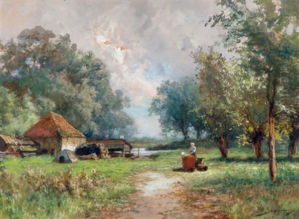 Landschap Met Wasvrouwen Aan Een Riviertje Oil Painting by Piet Schipperus