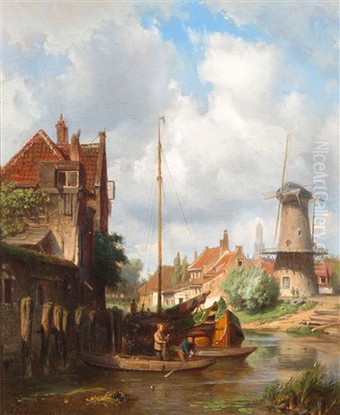 Platbodem Aan Een Dorpsrand Bij De Molen Oil Painting by Piet Schipperus