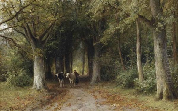 Farmer And Cows On A Forest Track Oil Painting by Piet Schipperus