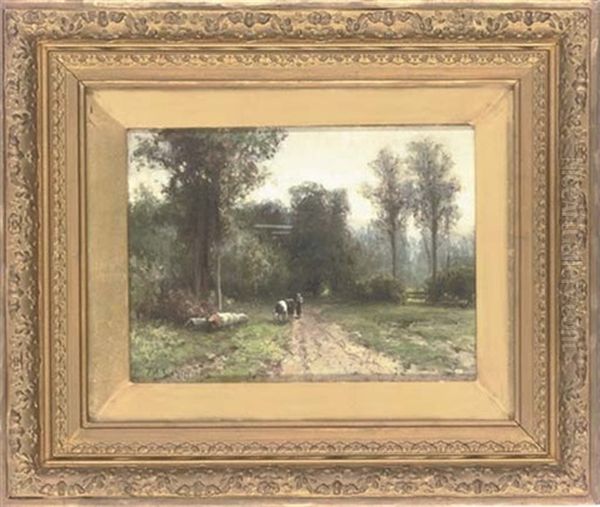 A Shady Woodland Track (+ Returning From The Dairy; 2 Works) Oil Painting by Piet Schipperus