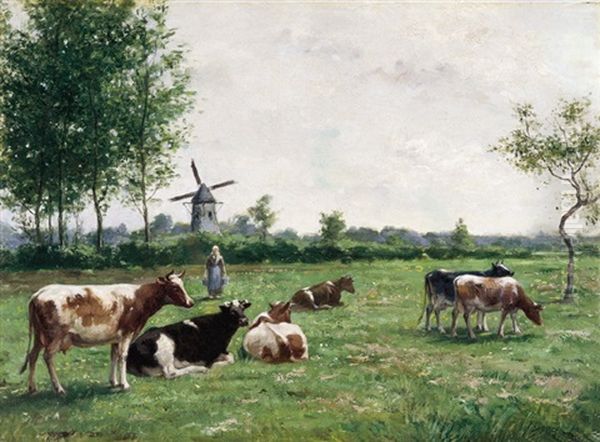 Landschap Met Koeien En Melkster Oil Painting by Piet Schipperus