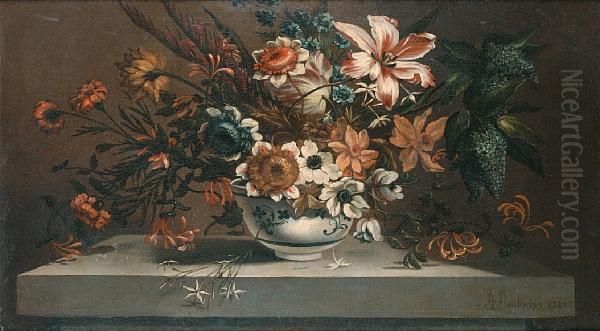 A Lily, Honeysuckle, Narcissi, Carnations Andother Flowers In A Blue And White Porcelain Vase On A Stoneledge Oil Painting by Johann Baptiste Bouttats