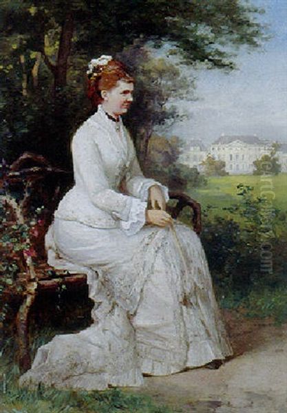 Portrait Of Princess Emma Von Waldeck-pyrmont, Seated On A Bench In The Parc Of Palace Het Loo Oil Painting by Piet Schipperus