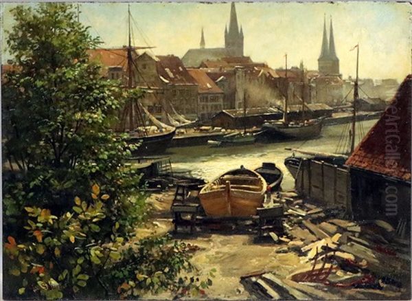 Blick Auf Den Hafen Von Lubeck Oil Painting by Carl Cowen Schirm