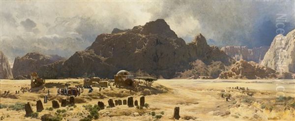 Sinai Landscape With The Mountain Jebel El-deir And The Tomb Of Sheik Nabi Saleh Oil Painting by Carl Cowen Schirm