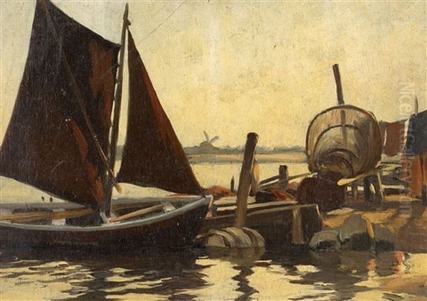 Bootssteg Am Bodden Oil Painting by Carl Cowen Schirm