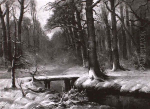 Winter Landscape With A Footbridge In A Forest Oil Painting by Carl Cowen Schirm