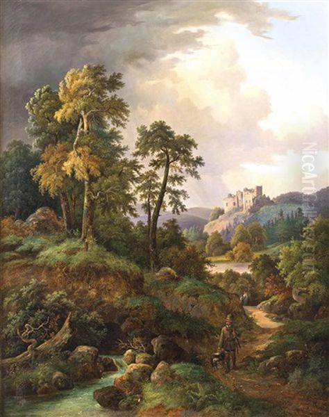 Ideallandschaft Mit Jager Und Burgruine Im Flusstal Oil Painting by August Wilhelm Ferdinand Schirmer